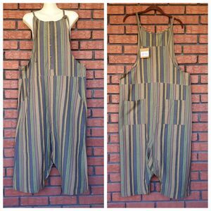 Lakhays Harem Pants Overalls Size S / M Striped Sage Brown Green Cotton NWT